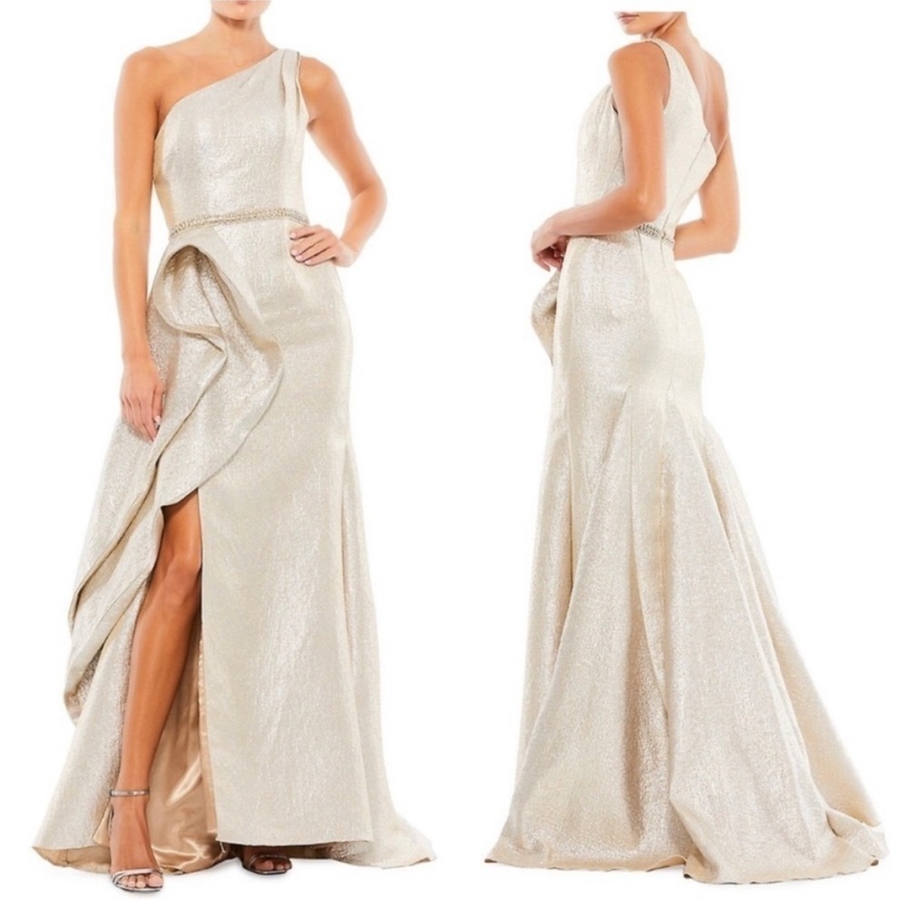 Mac Duggal Asymmetric Metallic Ruffle Gown